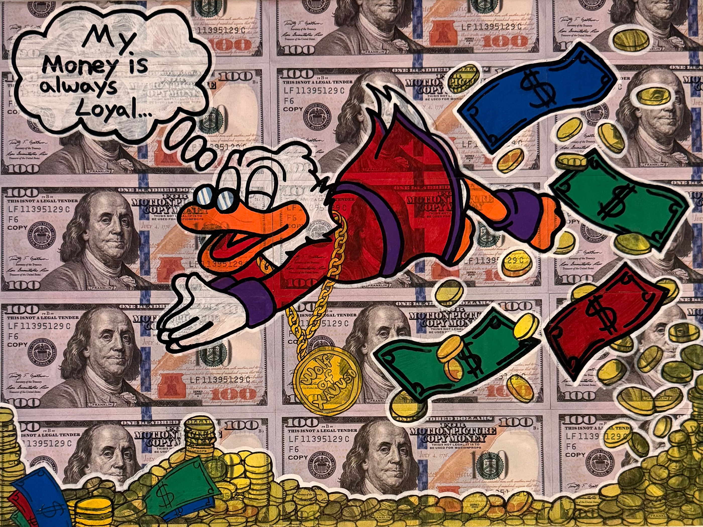 Comicfigur fliegt mit Goldkette über einem Grund aus Hundert-Dollar-Scheinen, dazu eine Sprechblase