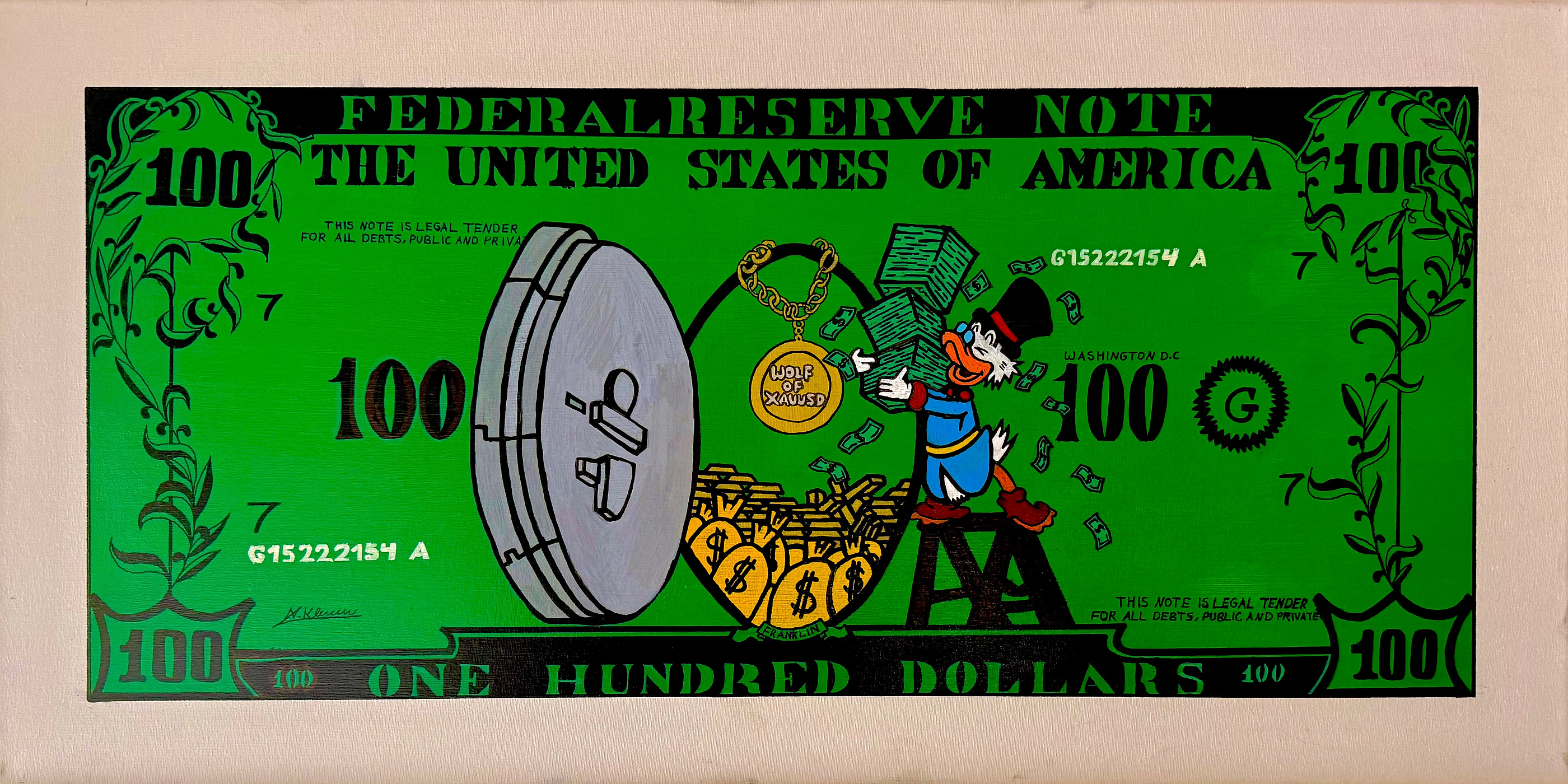 Gemalte Hundert-Dollar-Note, in der eine Comicfigur mit Goldkette vor einem offenen Tresor voller Geldsäcke steht
